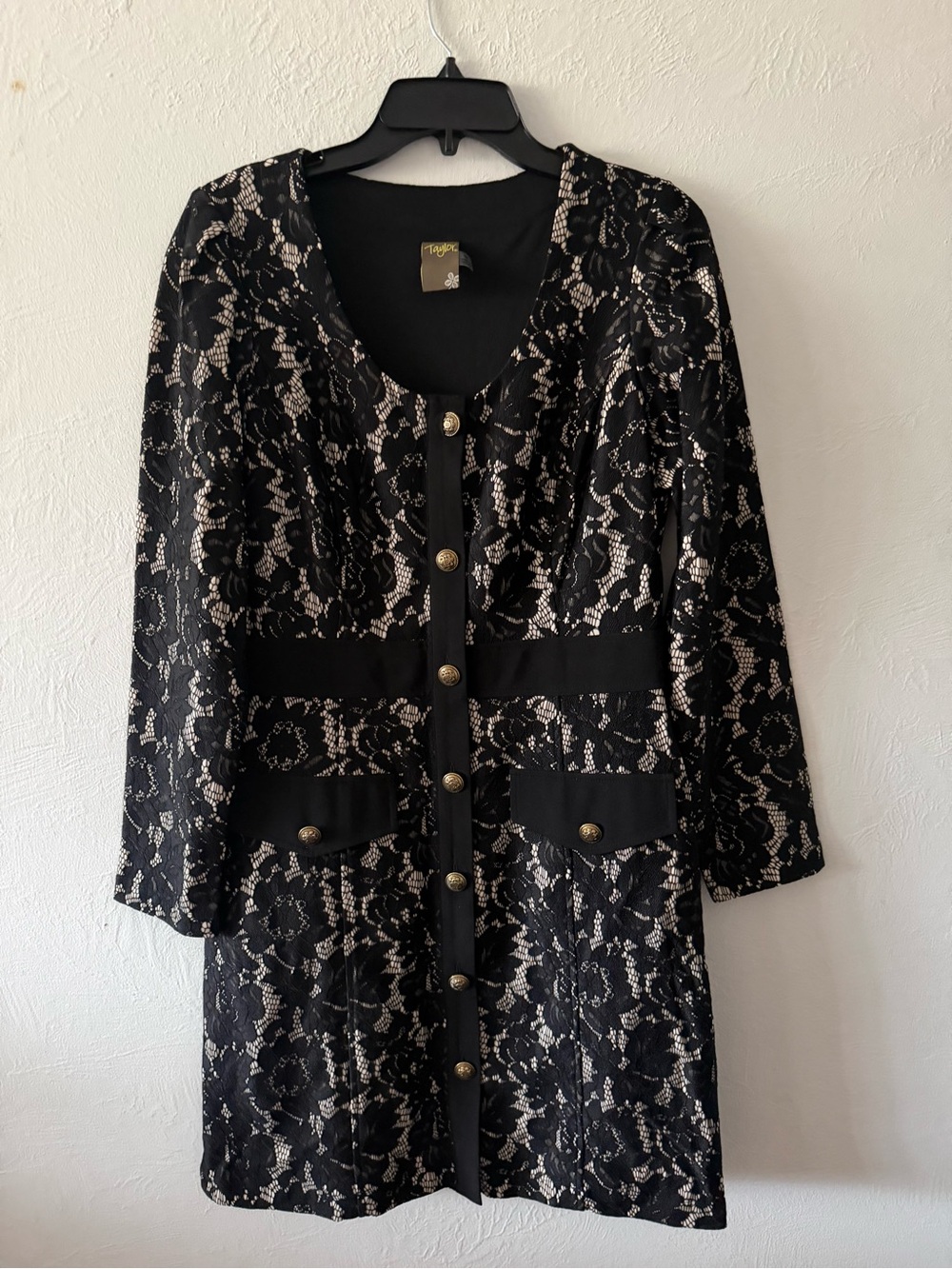 Black Lace Long Sleeve Dress with Beige Underlay and Gold Buttons